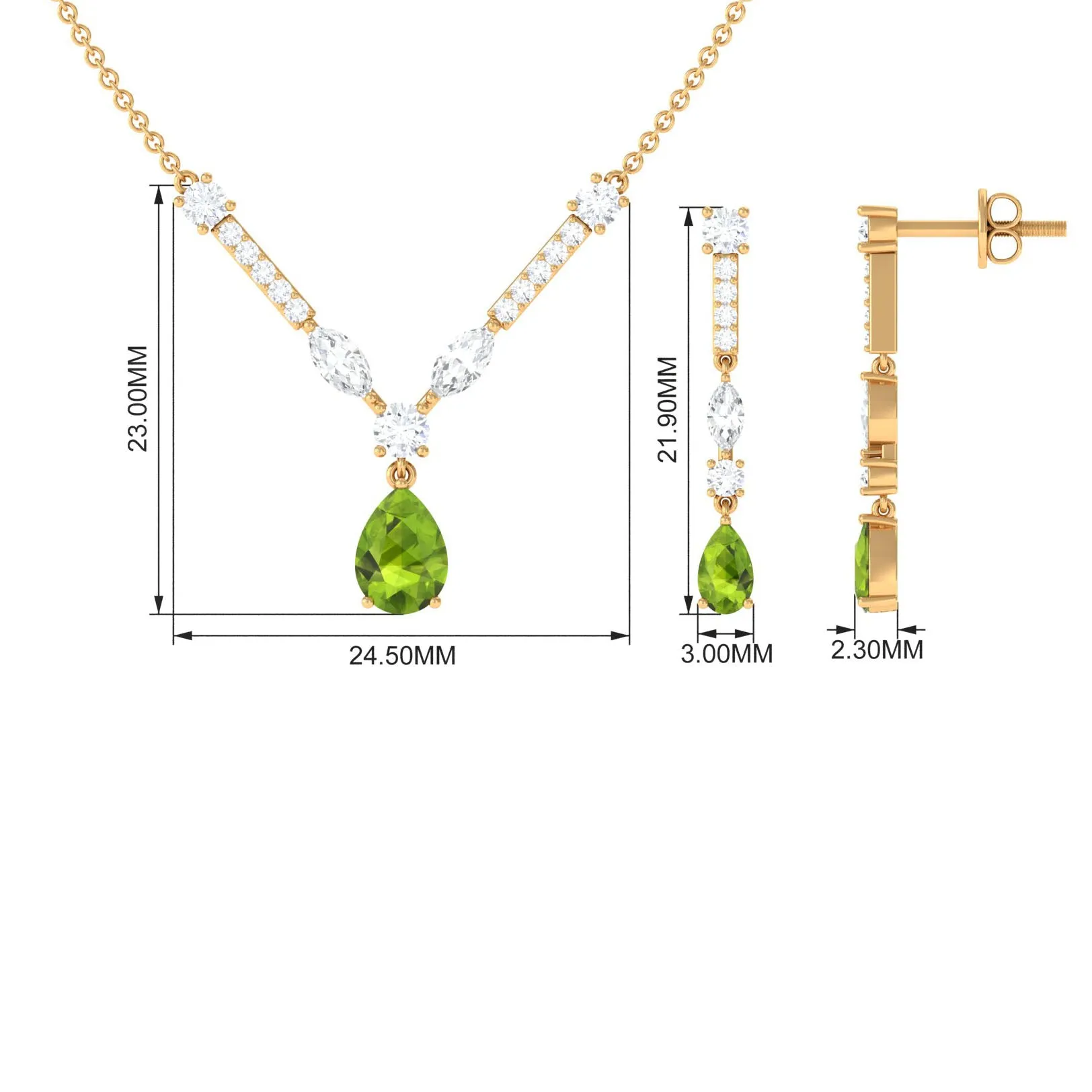 Peridot and Moissanite Drop Necklace Earrings Set