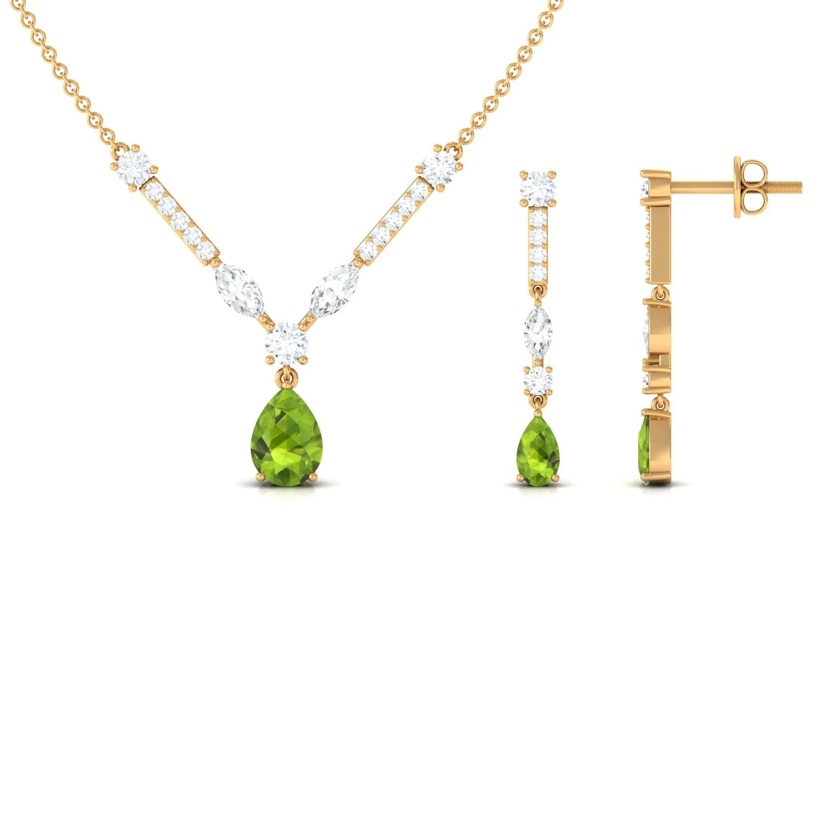 Peridot and Moissanite Drop Necklace Earrings Set