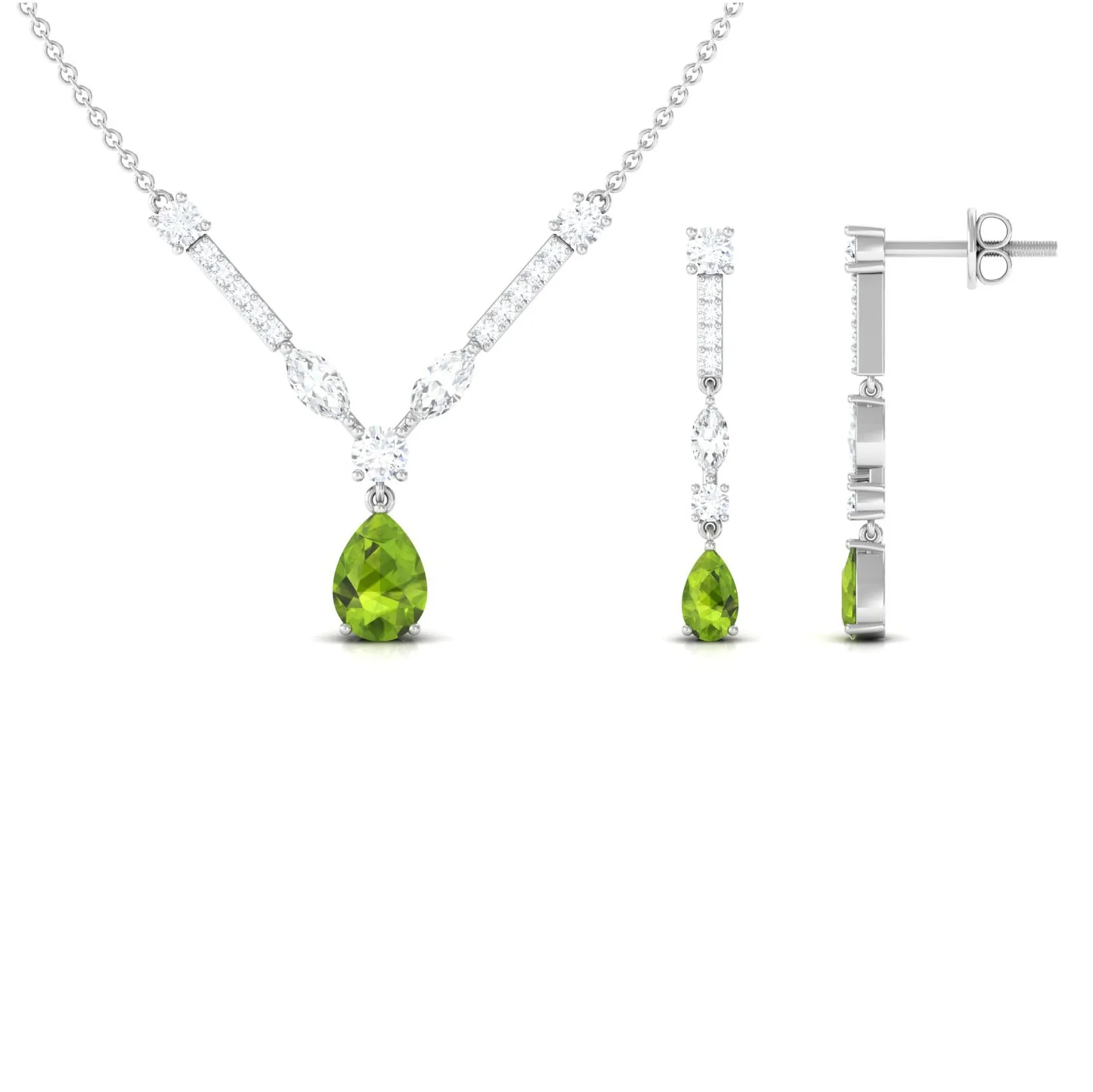 Peridot and Moissanite Drop Necklace Earrings Set