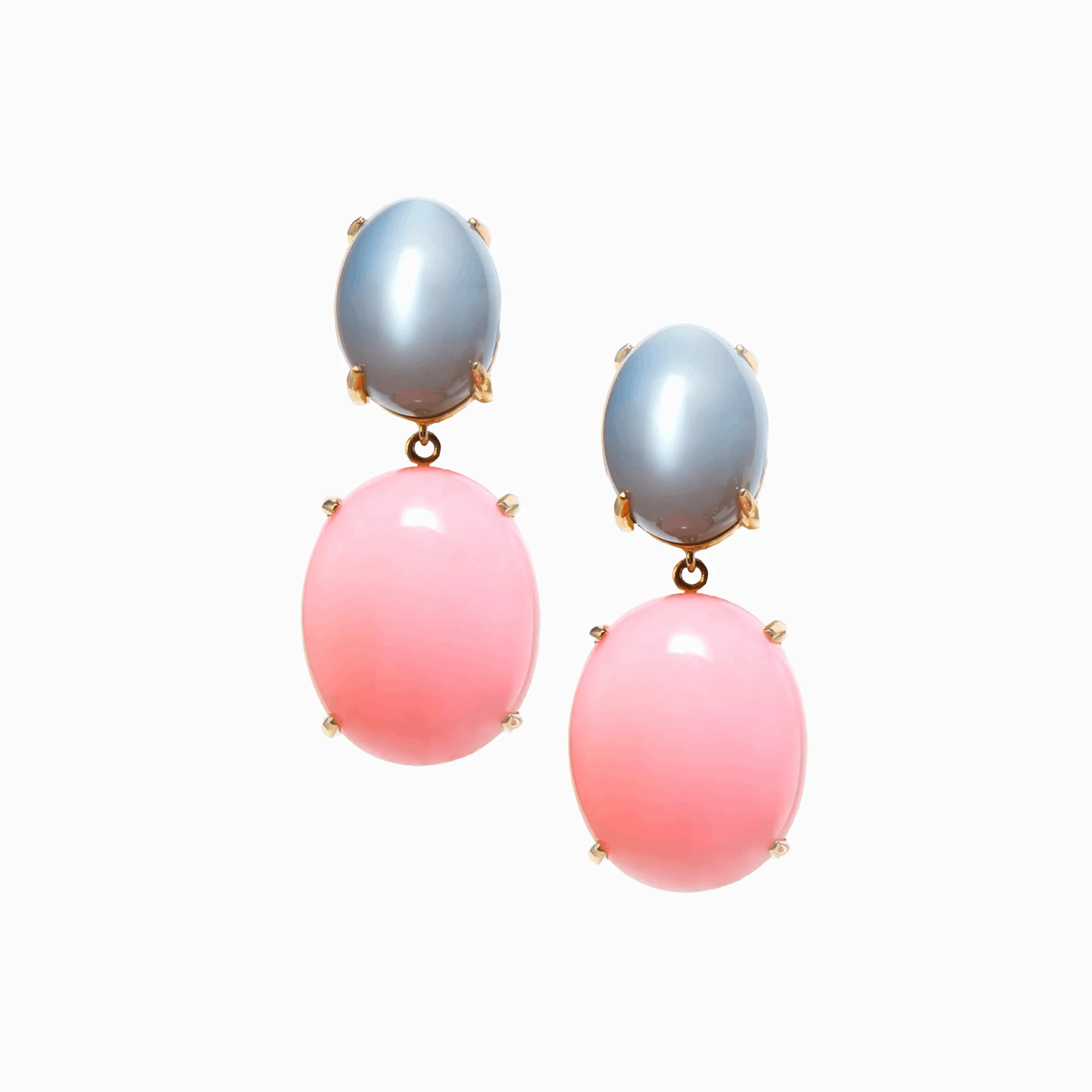 Pink Opal & Grey Moonstone Yellow Gold Earrings