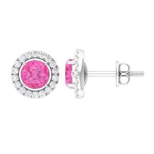 Pink Sapphire and Diamond Halo Stud Earrings