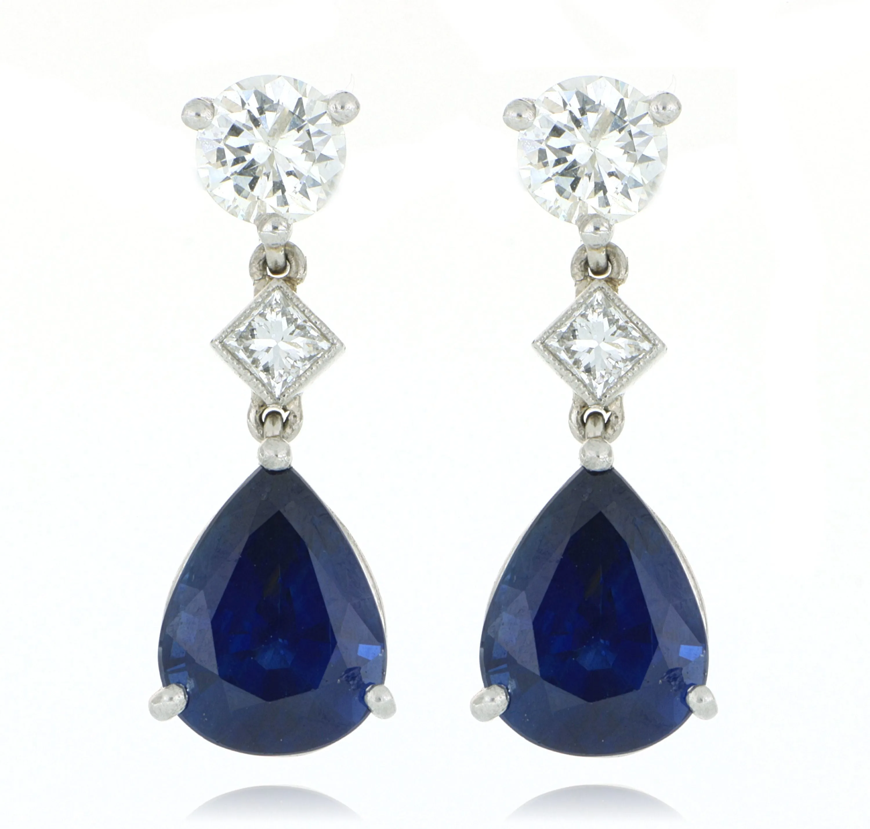 Platinum Diamond and Pear Shaped Blue Sapphire Drop Earrings