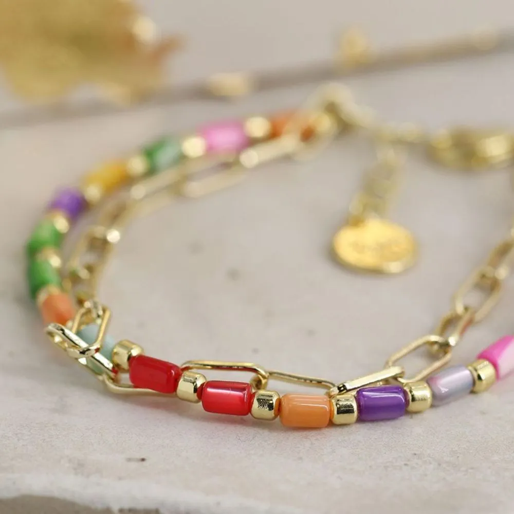 POM Rainbow Shell and Gold Plated Chain Bracelet