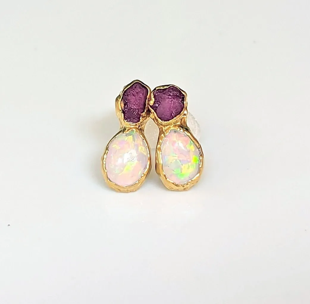 Raw Ruby and Opal stud earrings