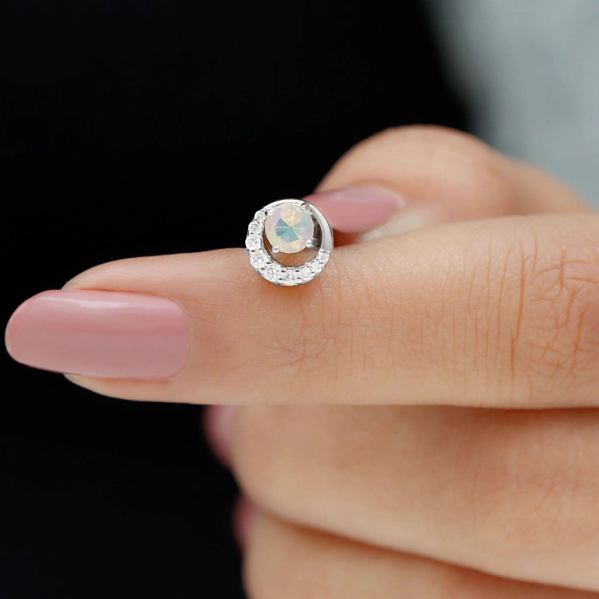 Real Ethiopian Opal and Moissanite Circle Cartilage Earring