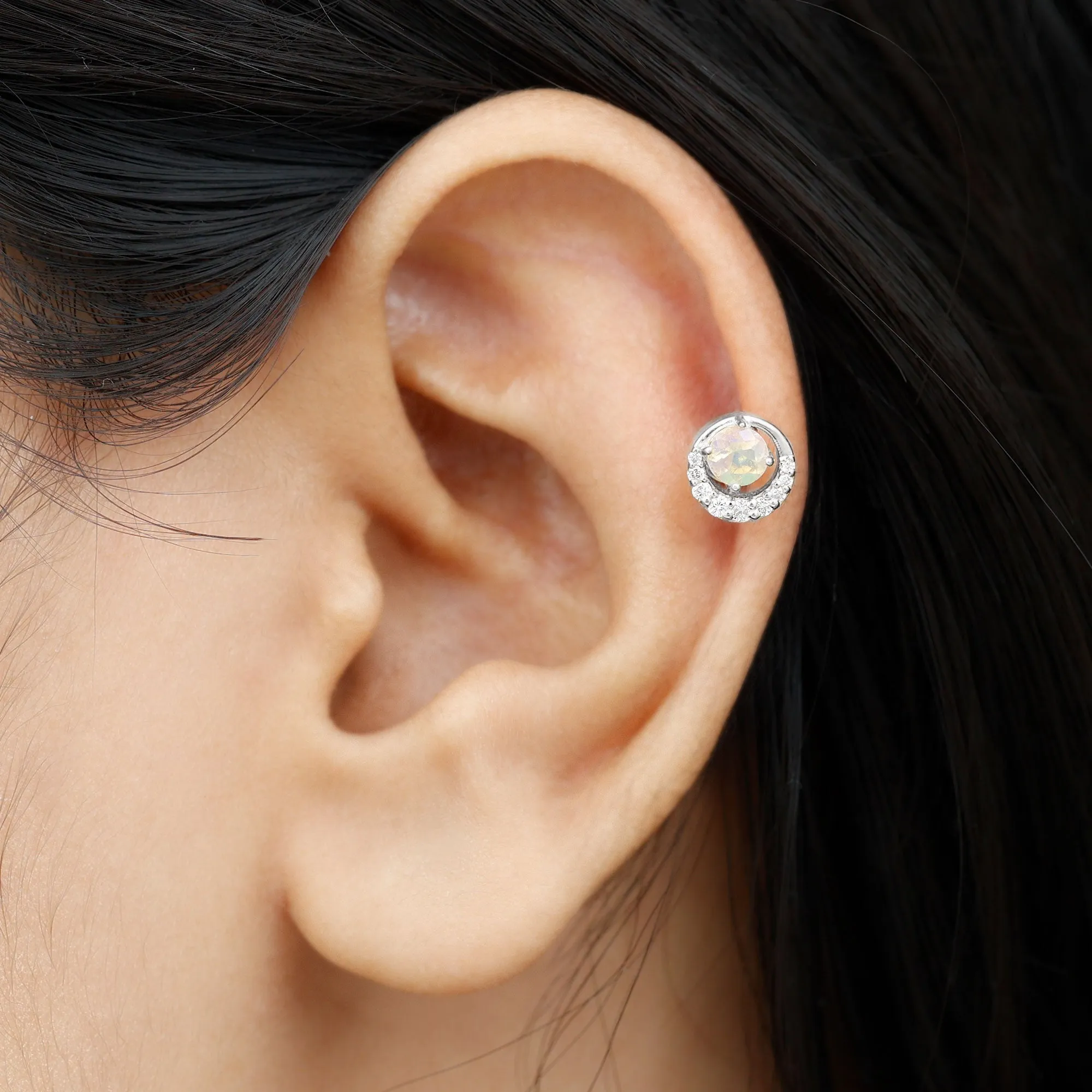 Real Ethiopian Opal and Moissanite Circle Cartilage Earring