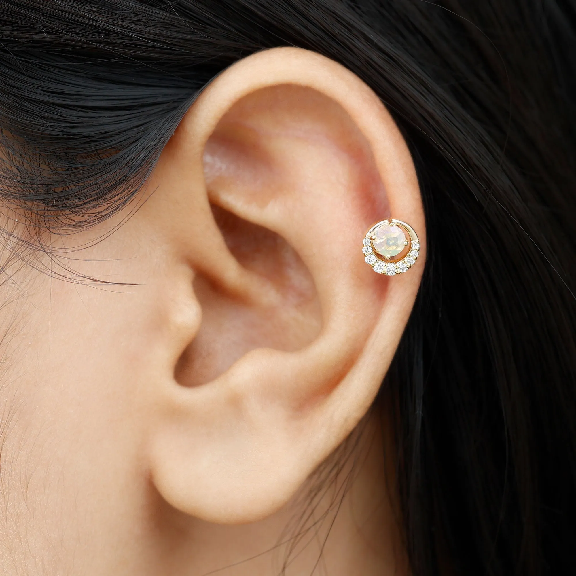 Real Ethiopian Opal and Moissanite Circle Cartilage Earring