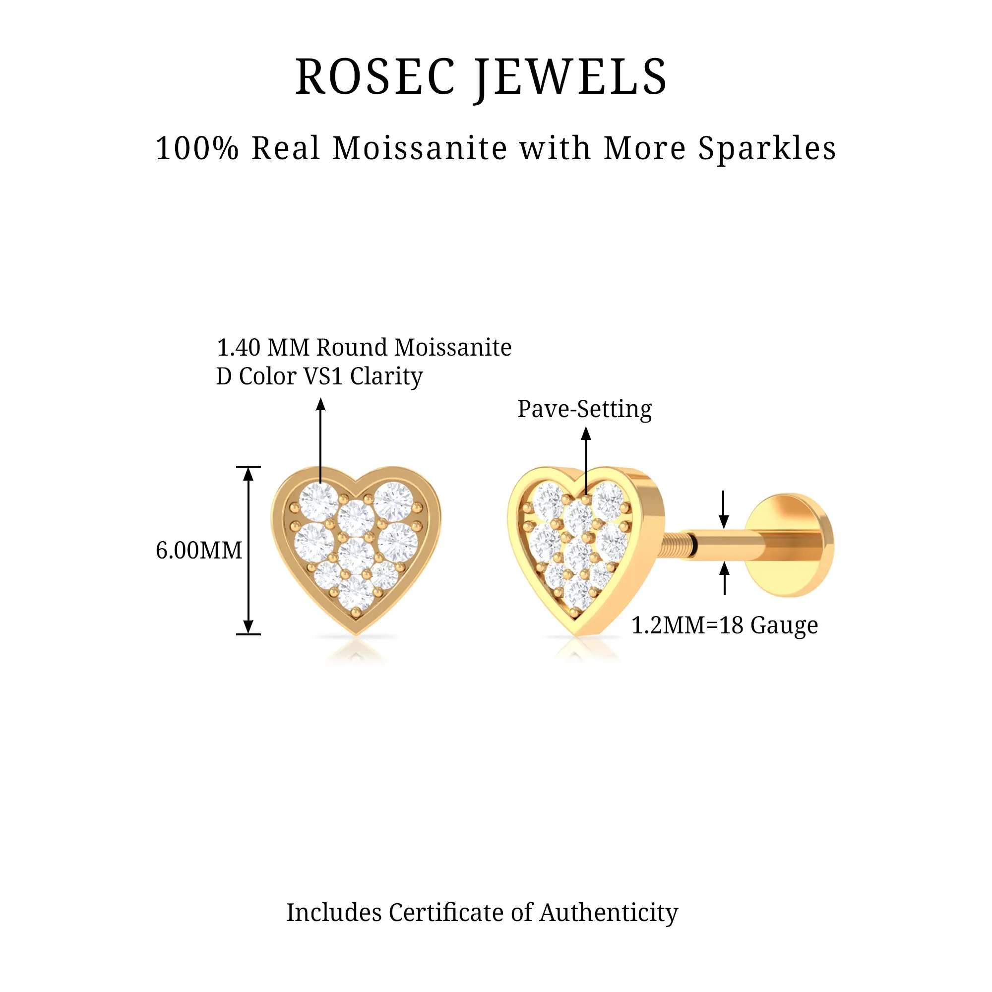 Real Moissanite Heart Earring for Upper Lobe Piercing