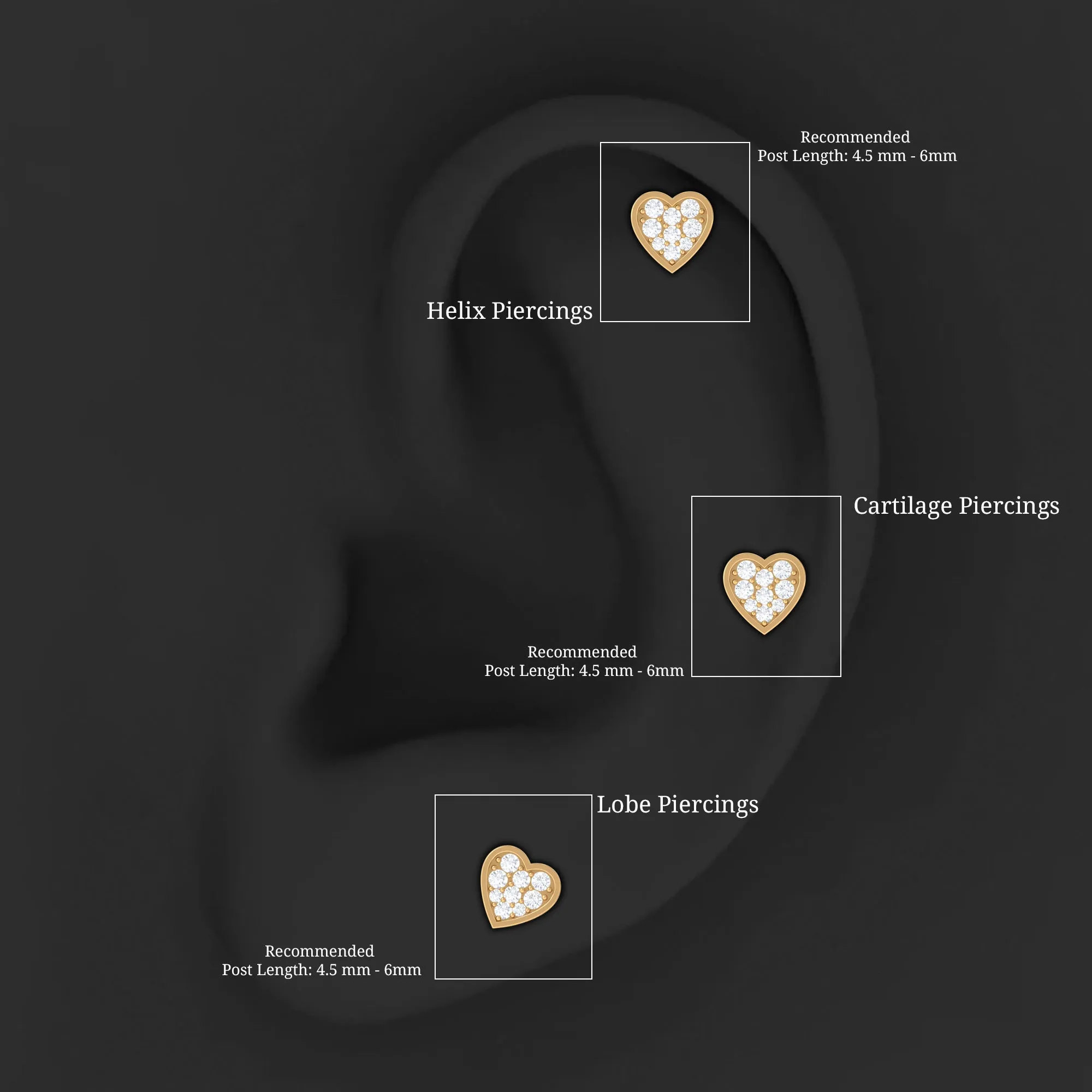Real Moissanite Heart Earring for Upper Lobe Piercing