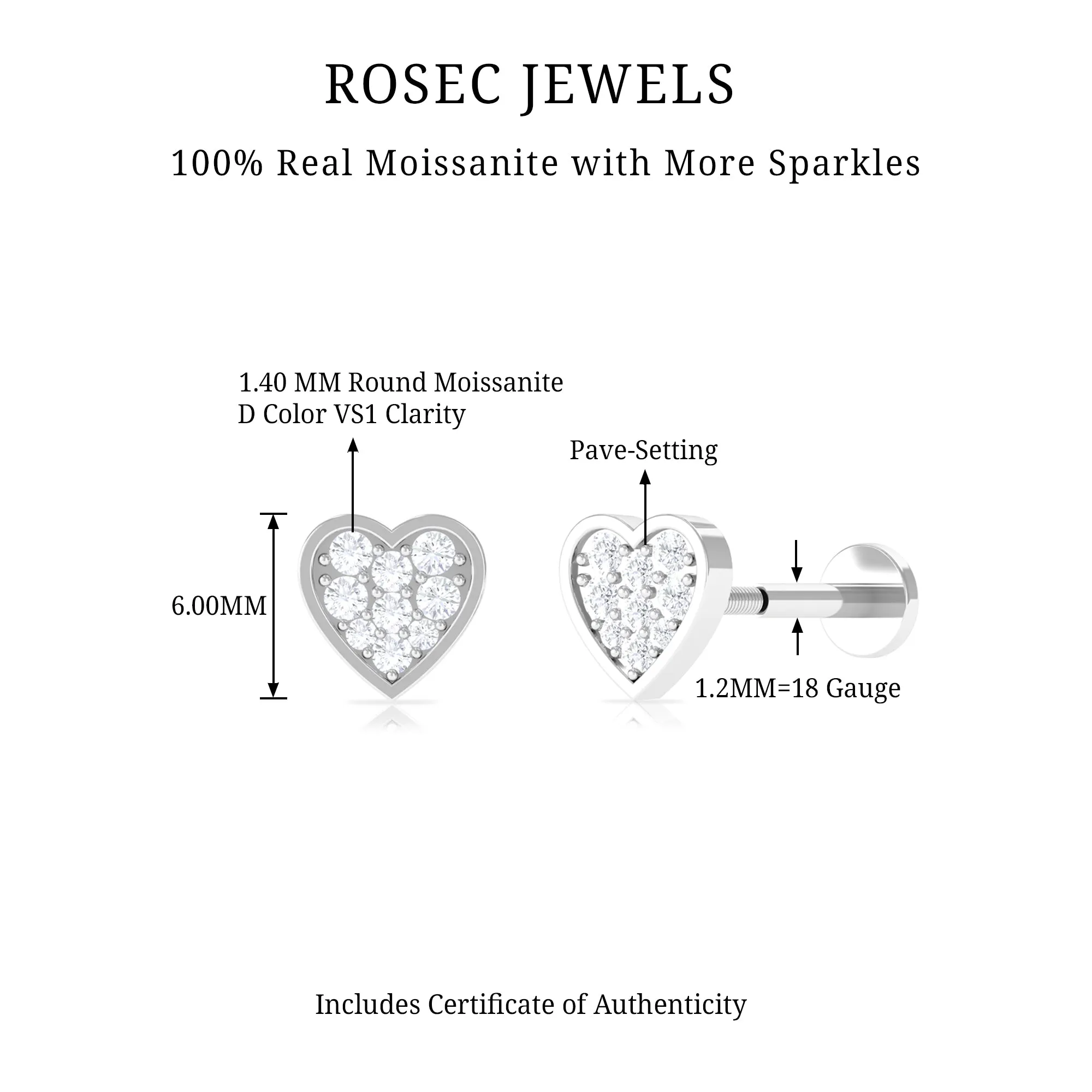 Real Moissanite Heart Earring for Upper Lobe Piercing