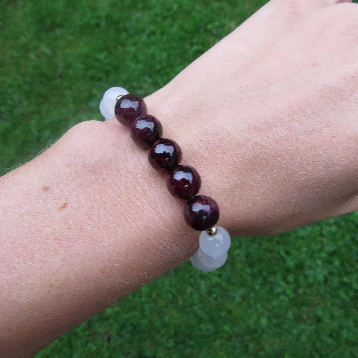 Red Garnet Bracelet w/ White Jade Stone Beaded Crystal Bracelet