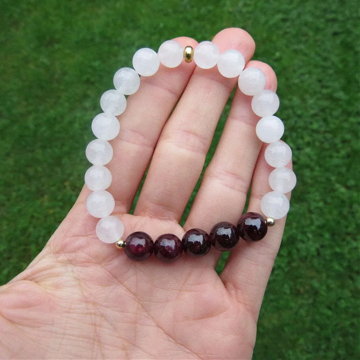 Red Garnet Bracelet w/ White Jade Stone Beaded Crystal Bracelet