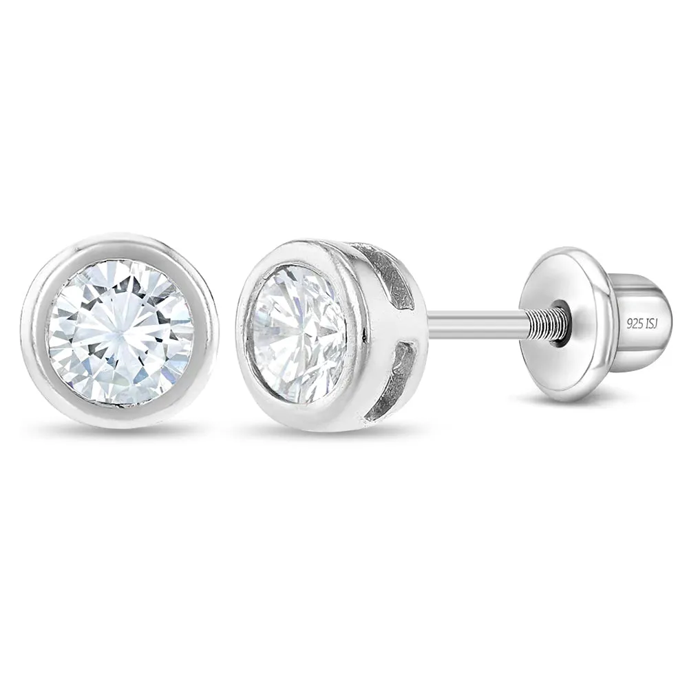 Round Bezel CZ 5mm Baby / Toddler / Kids Earrings Screw Back - Sterling Silver