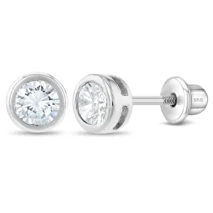 Round Bezel CZ 5mm Baby / Toddler / Kids Earrings Screw Back - Sterling Silver