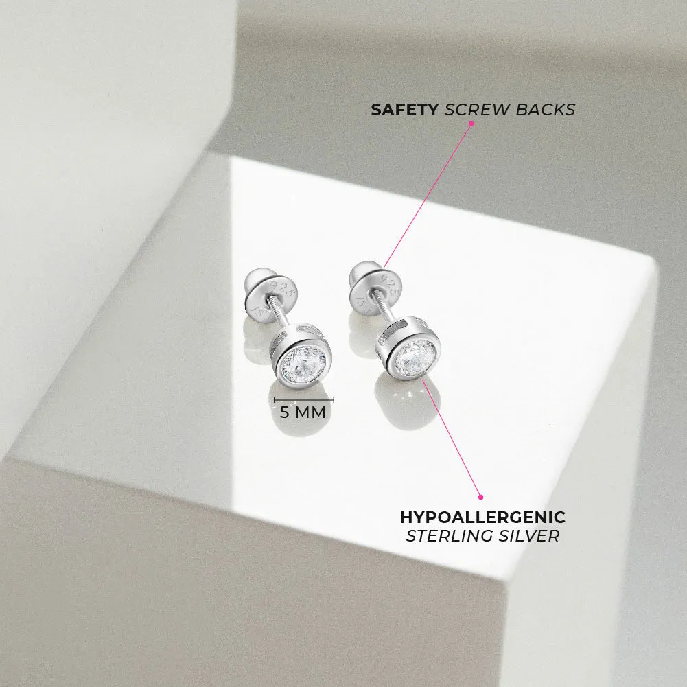 Round Bezel CZ 5mm Baby / Toddler / Kids Earrings Screw Back - Sterling Silver