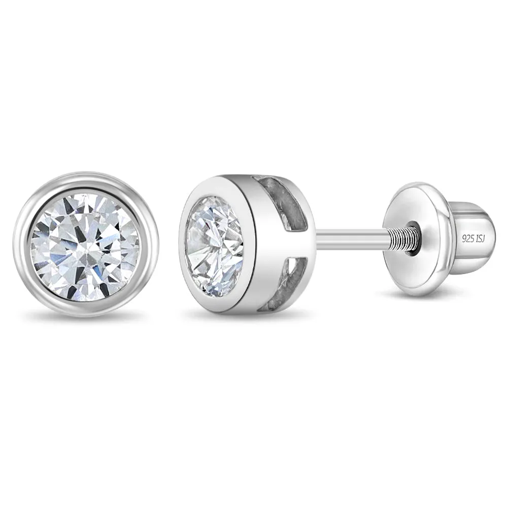 Round Bezel CZ 5mm Baby / Toddler / Kids Earrings Screw Back - Sterling Silver