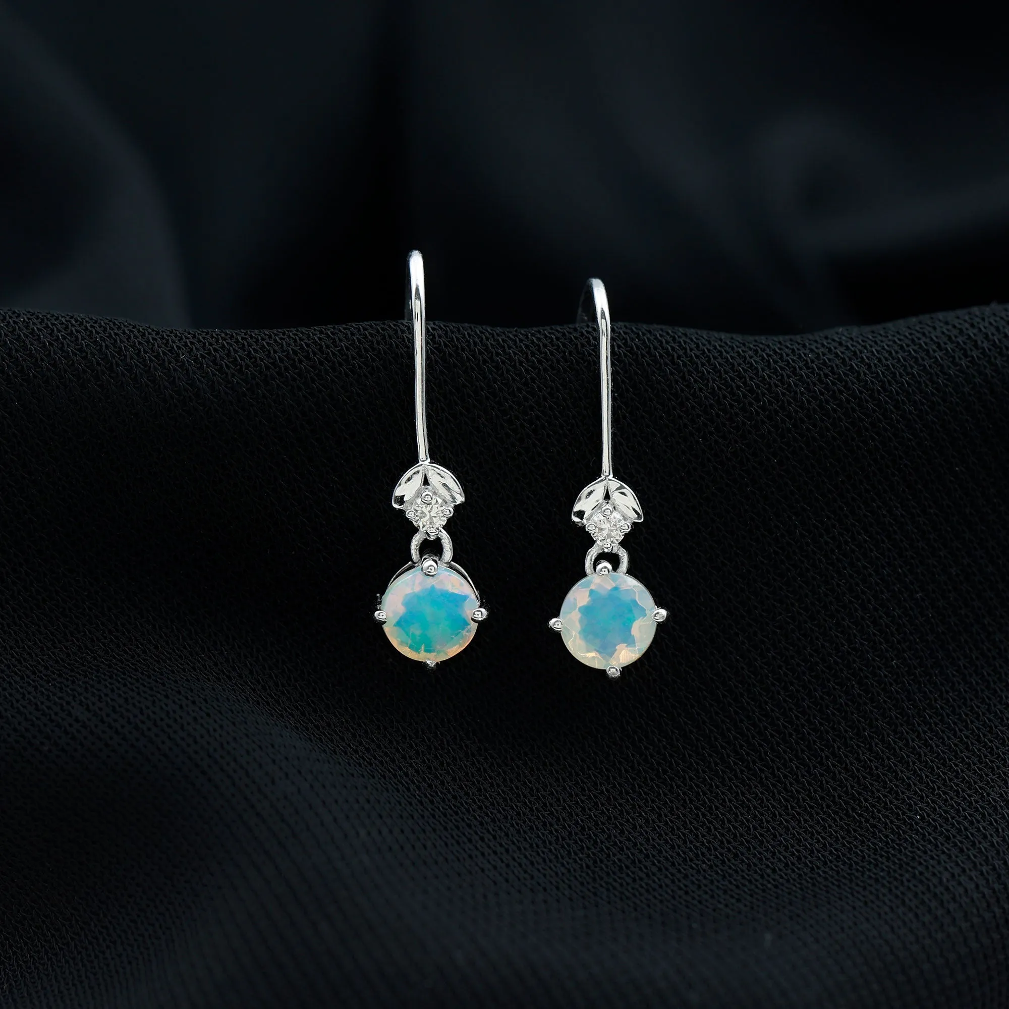 Round Ethiopian Opal and Diamond Drop Earrings with Fish Hook