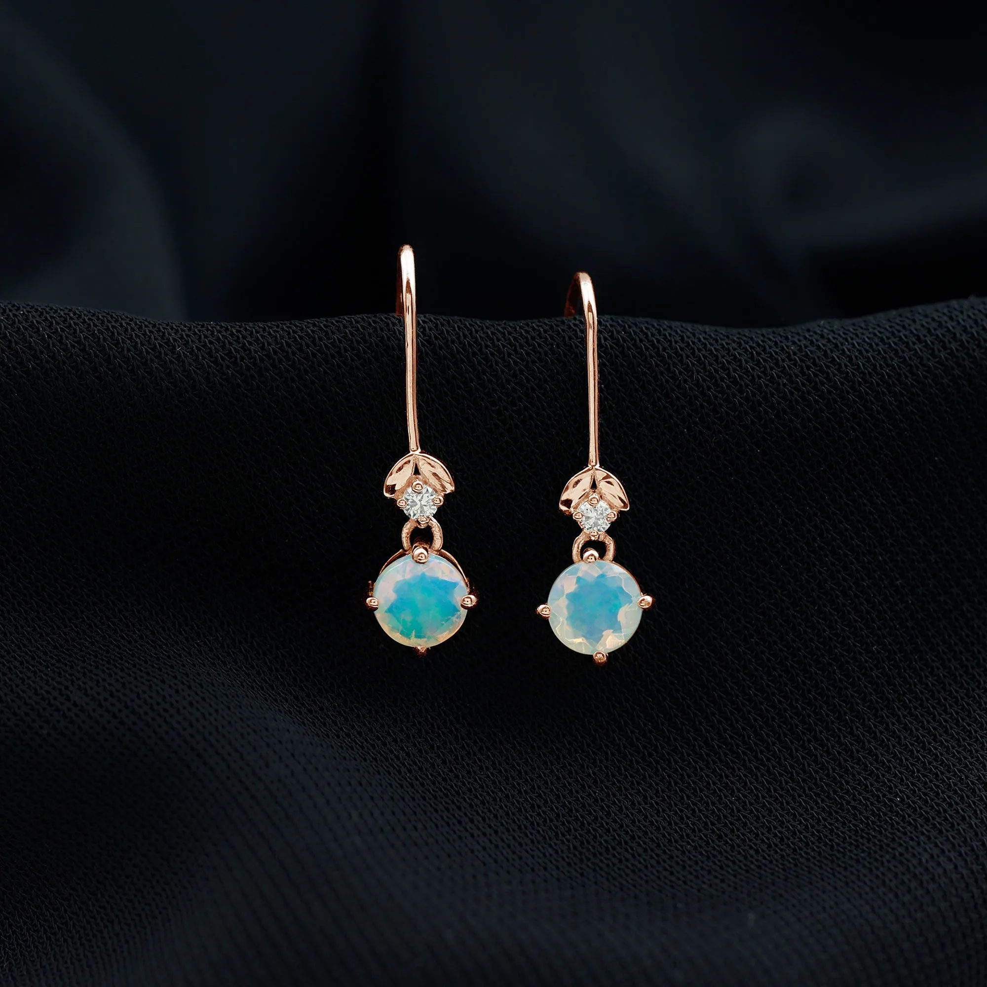 Round Ethiopian Opal and Diamond Drop Earrings with Fish Hook