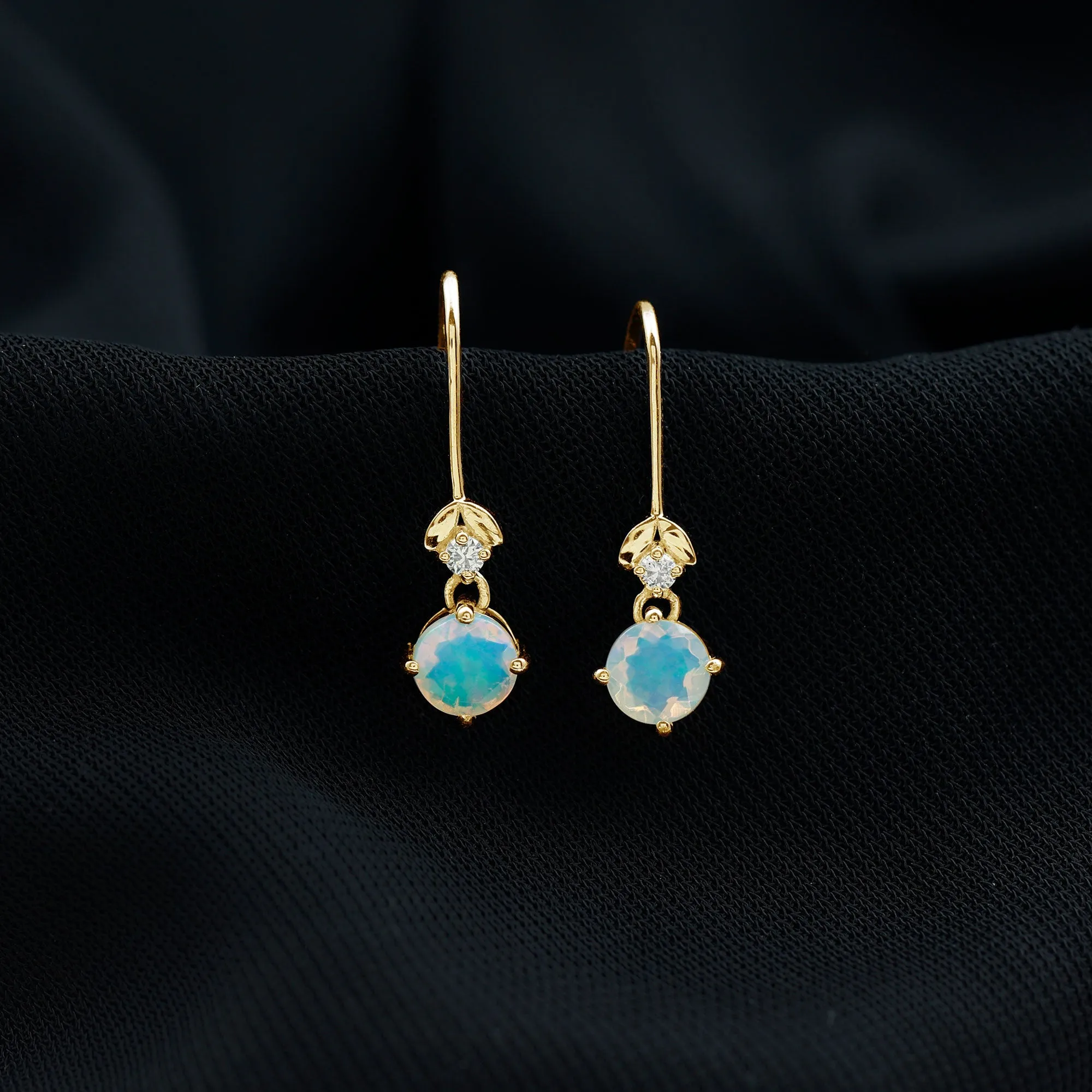 Round Ethiopian Opal and Diamond Drop Earrings with Fish Hook