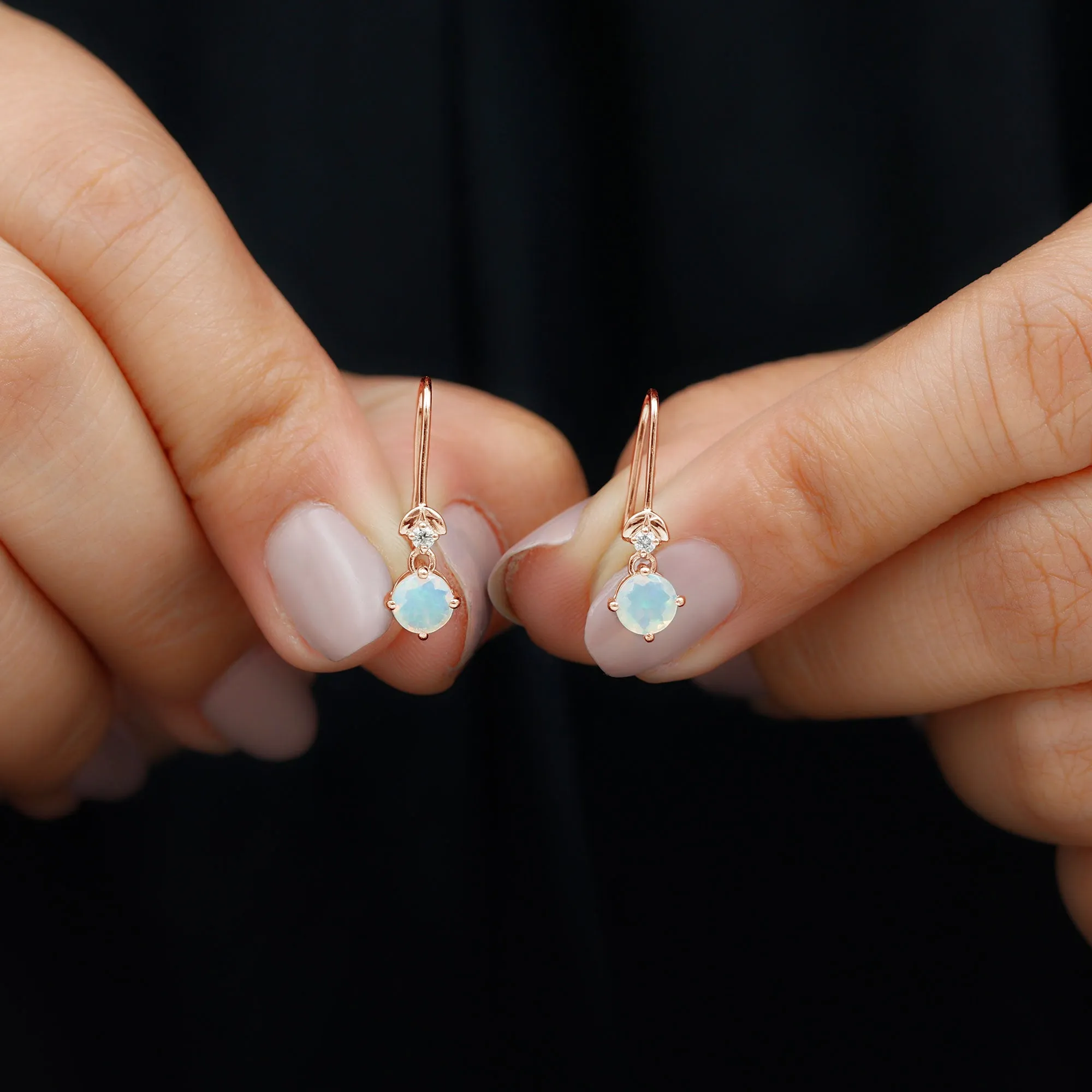 Round Ethiopian Opal and Diamond Drop Earrings with Fish Hook
