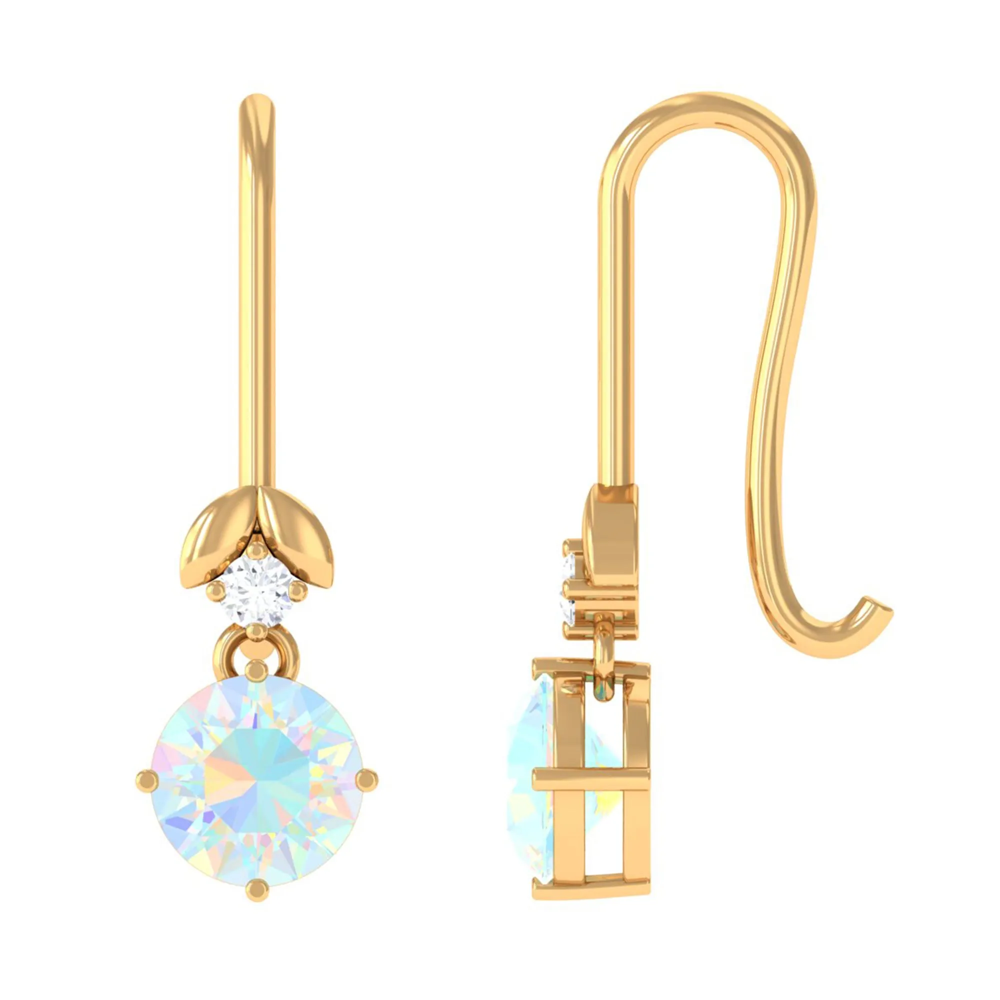 Round Ethiopian Opal and Diamond Drop Earrings with Fish Hook