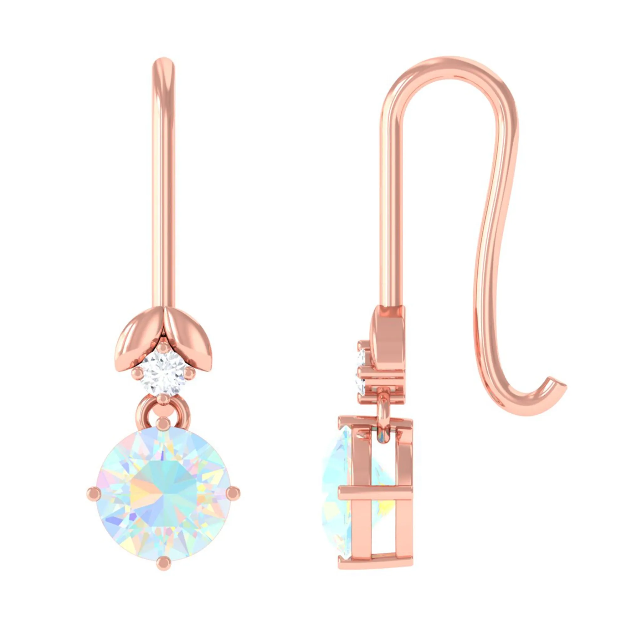 Round Ethiopian Opal and Diamond Drop Earrings with Fish Hook
