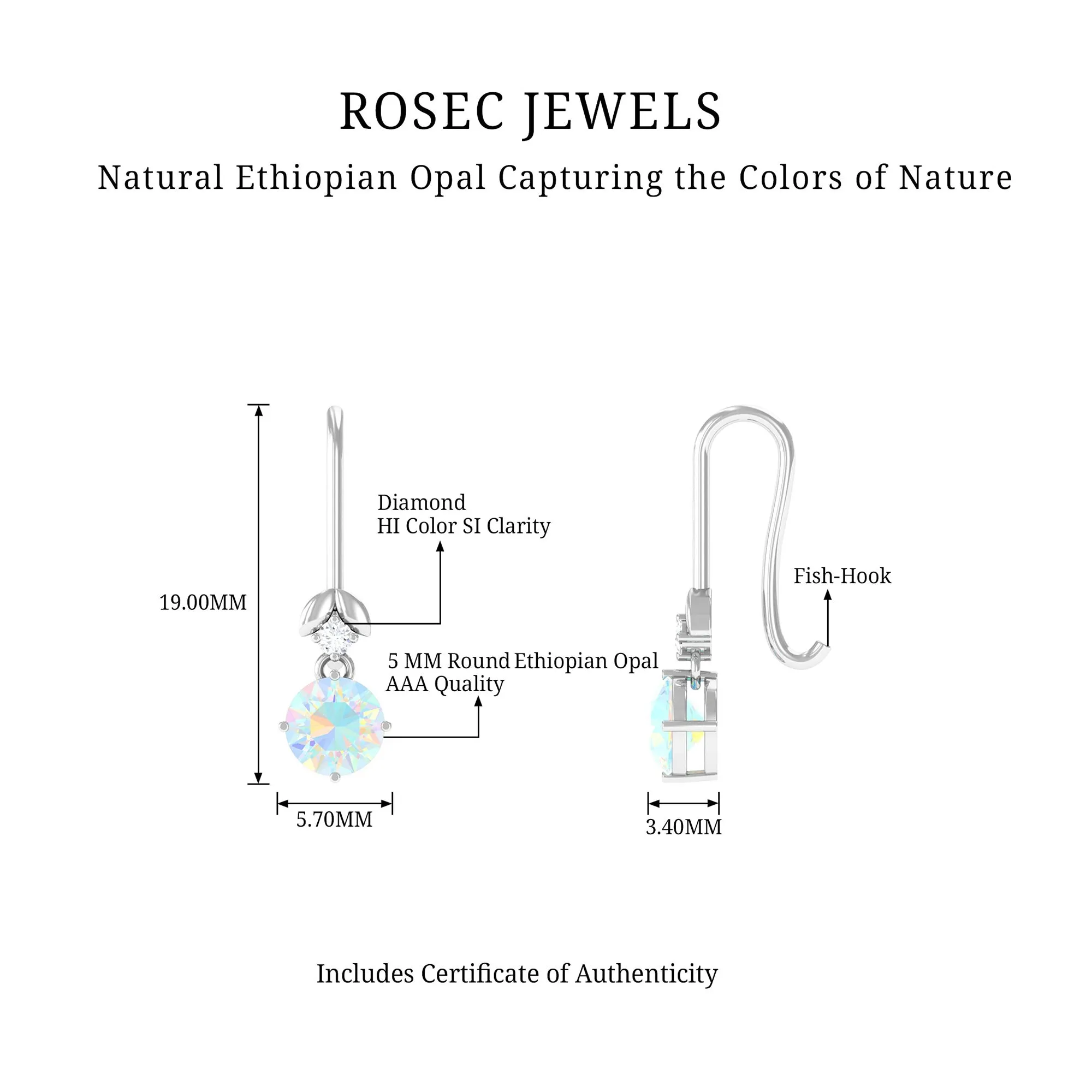 Round Ethiopian Opal and Diamond Drop Earrings with Fish Hook
