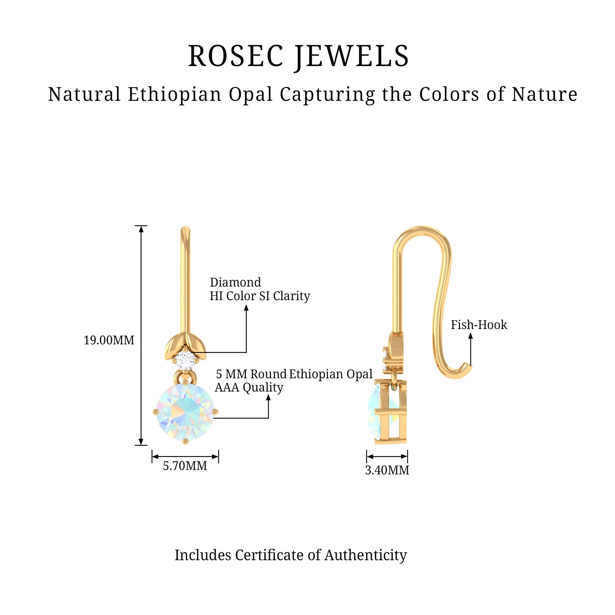 Round Ethiopian Opal and Diamond Drop Earrings with Fish Hook