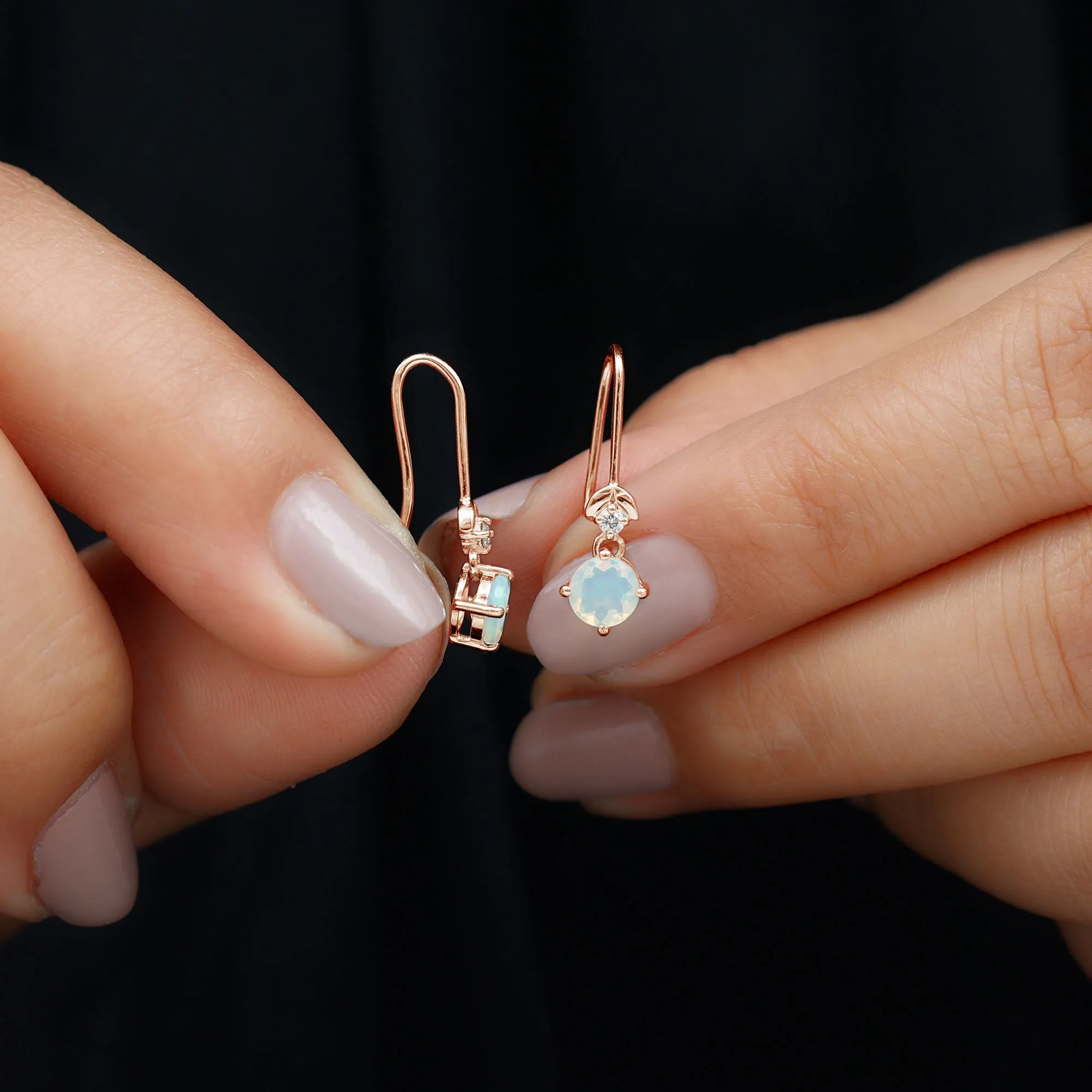 Round Ethiopian Opal and Diamond Drop Earrings with Fish Hook