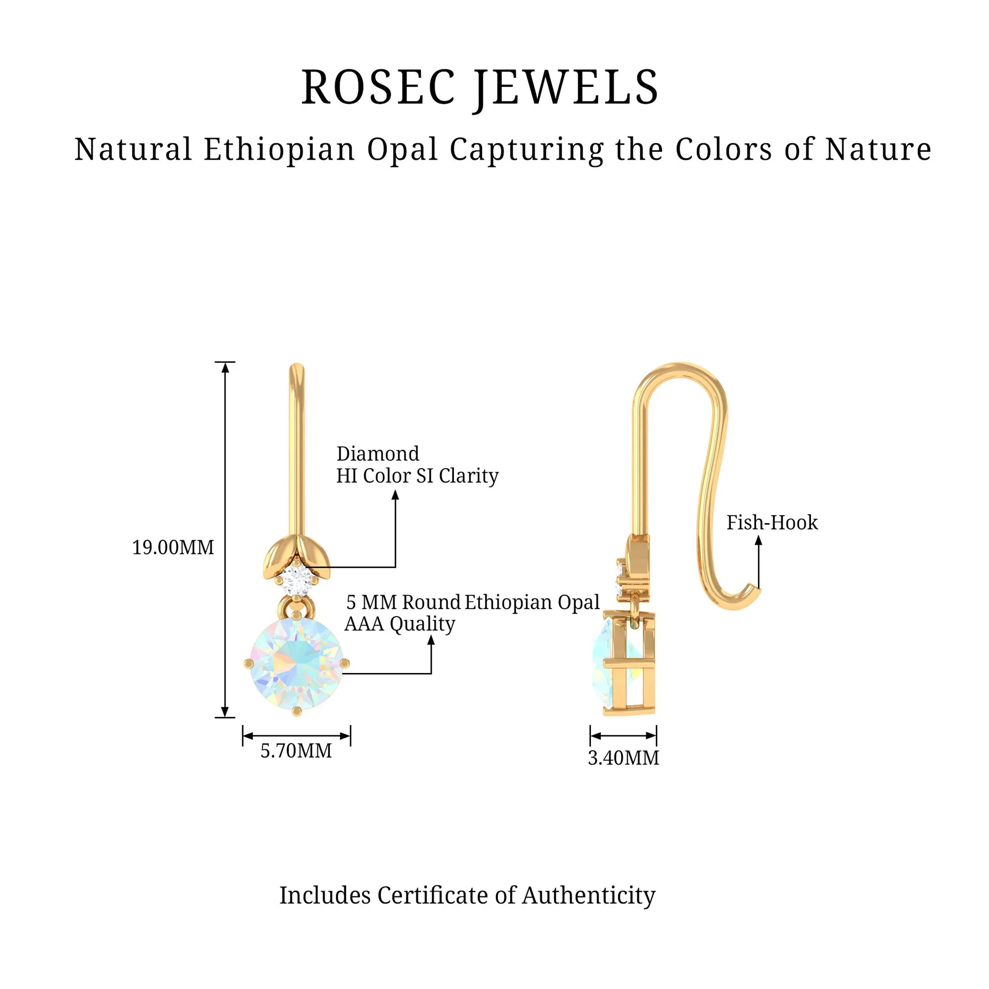 Round Ethiopian Opal and Diamond Drop Earrings with Fish Hook