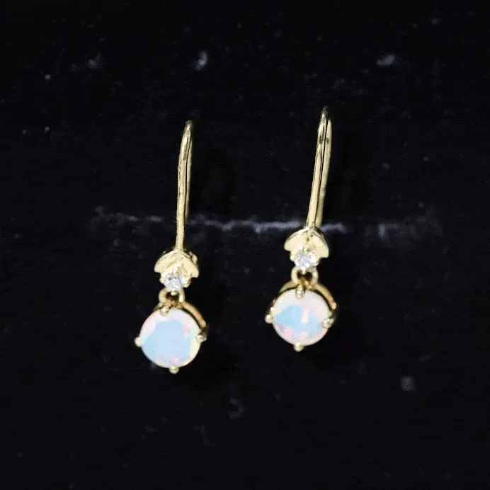 Round Ethiopian Opal and Diamond Drop Earrings with Fish Hook