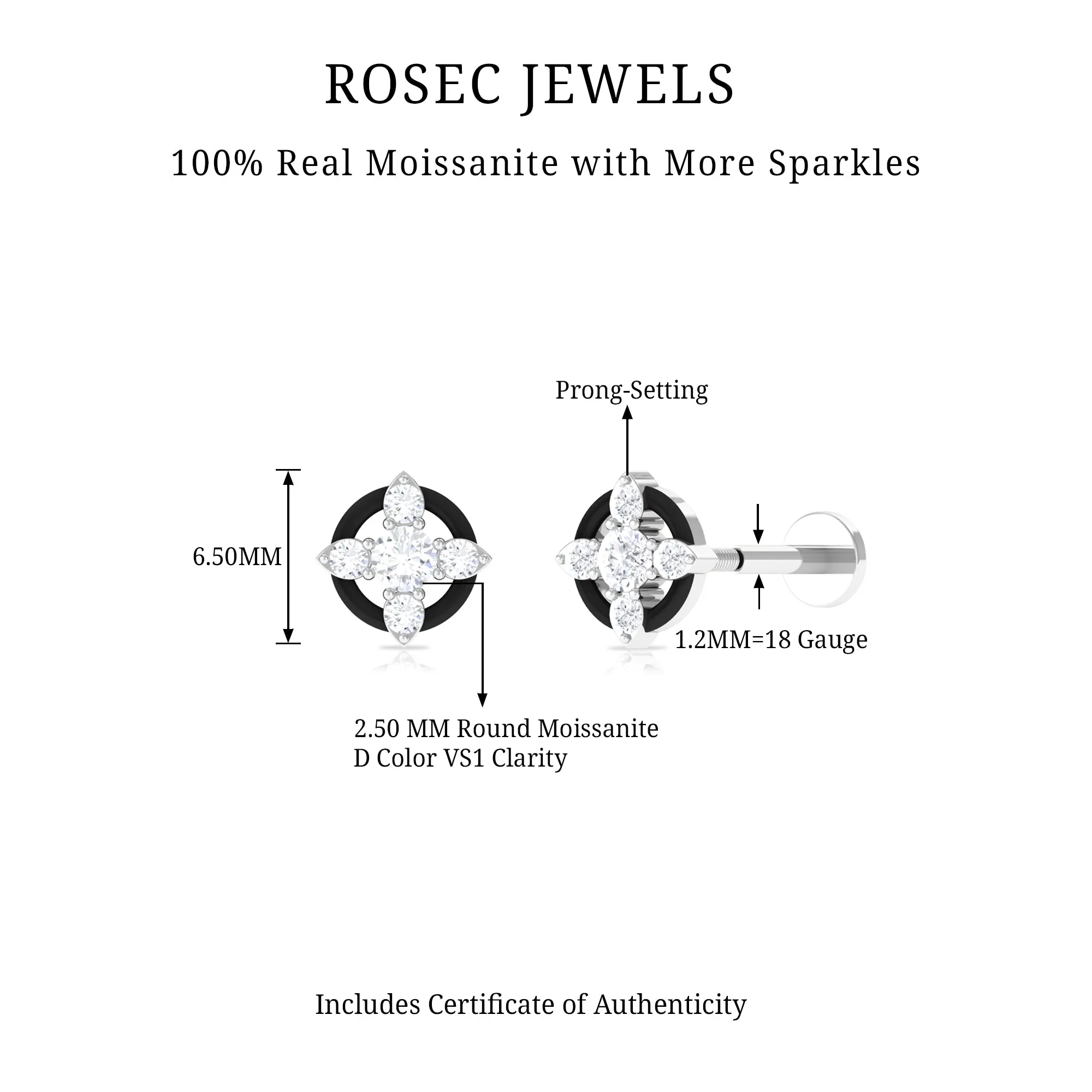 Round Moissanite Cartilage Earring with Black Enamel