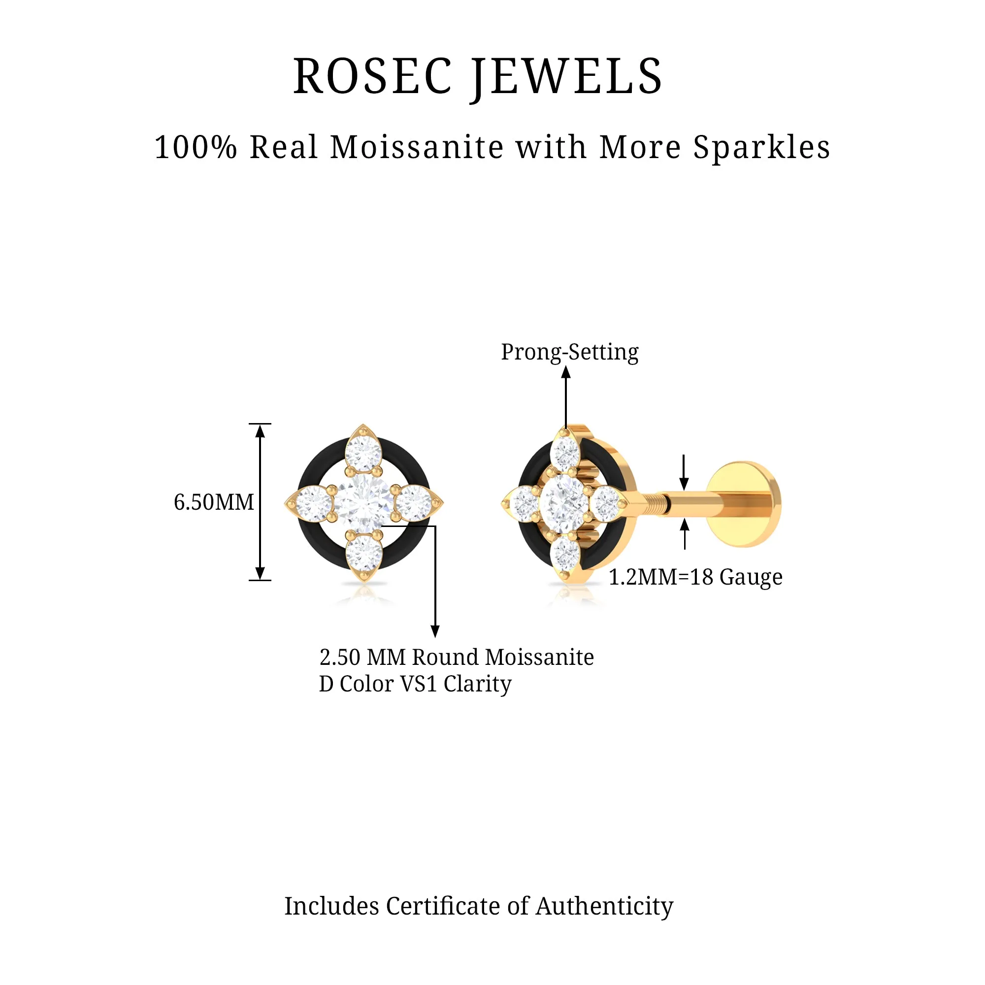 Round Moissanite Cartilage Earring with Black Enamel
