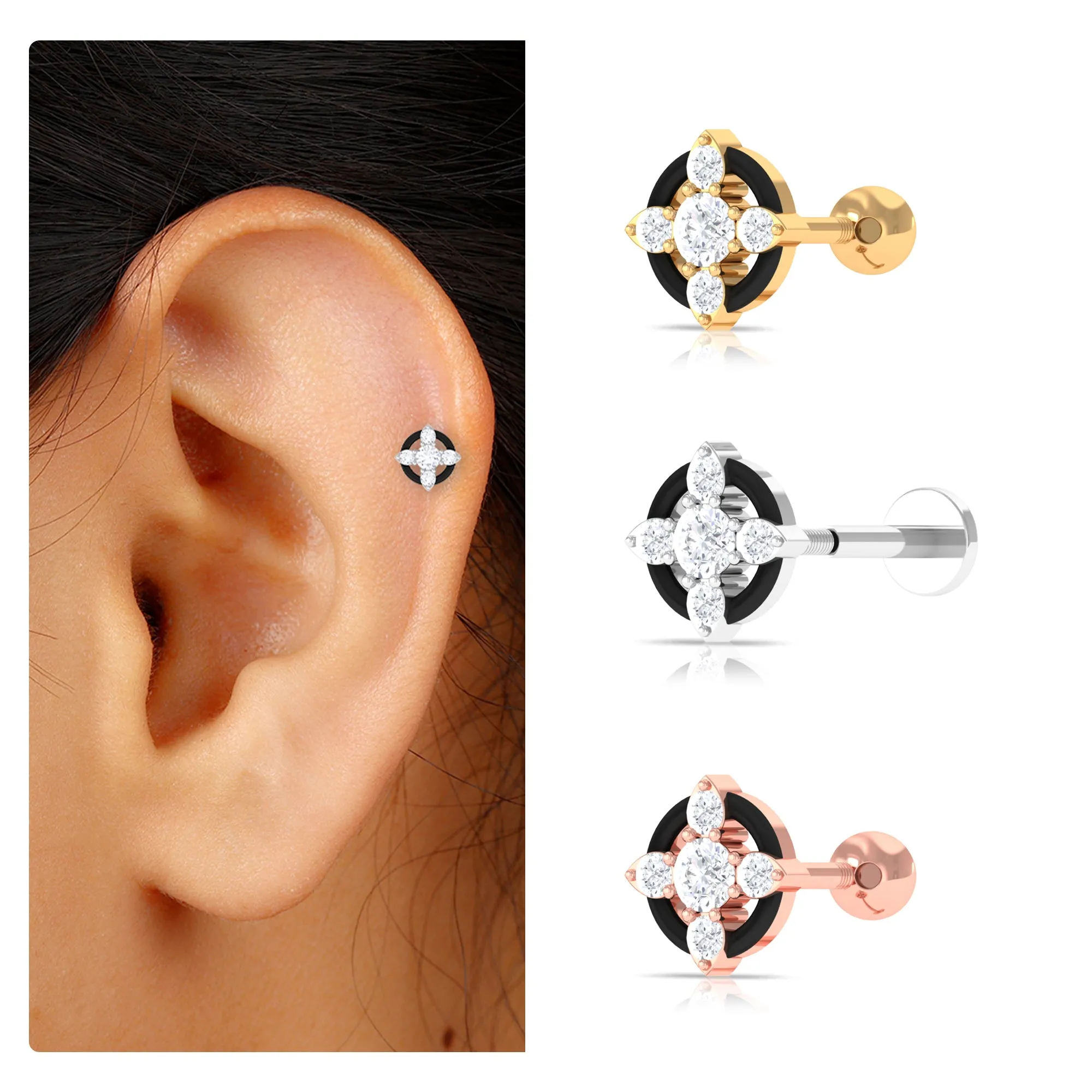 Round Moissanite Cartilage Earring with Black Enamel