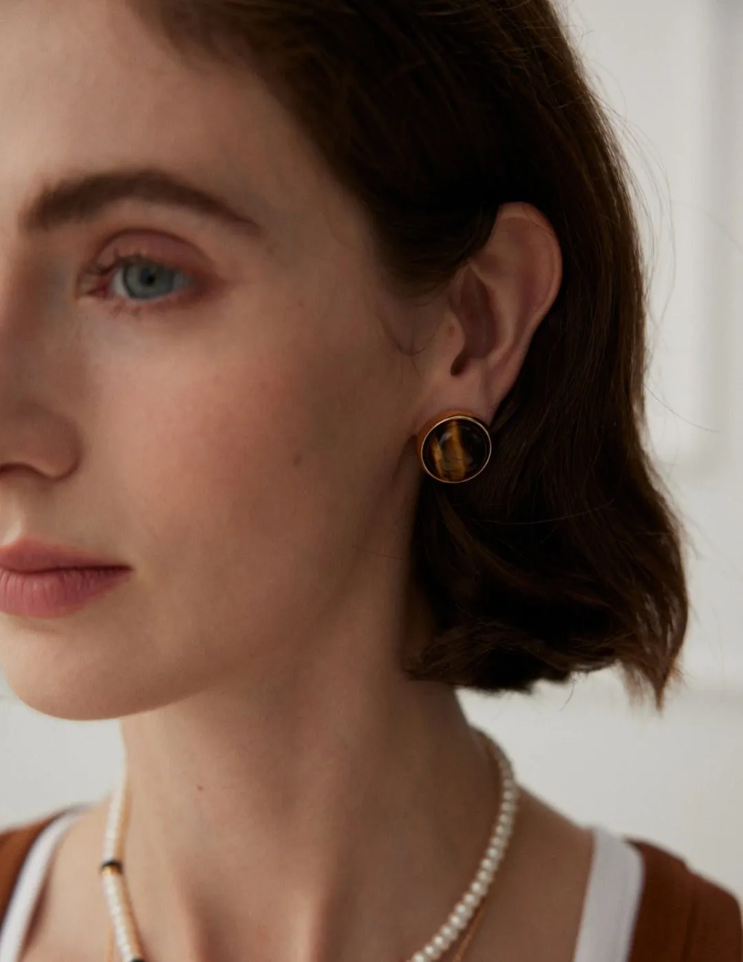 Round Tiger Eye Stone Stud Earrings