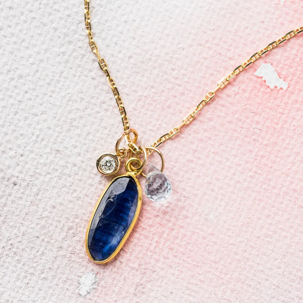 Sapphire Oval Necklace with Diamond and Sky Blue Topaz in 14k Gold