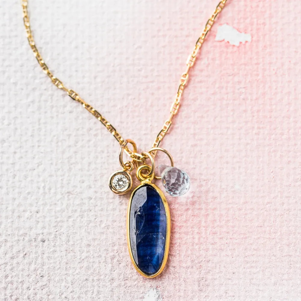 Sapphire Oval Necklace with Diamond and Sky Blue Topaz in 14k Gold