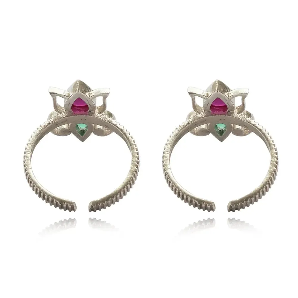 Silver 92.5 Lotus Red And Green Toe Ring