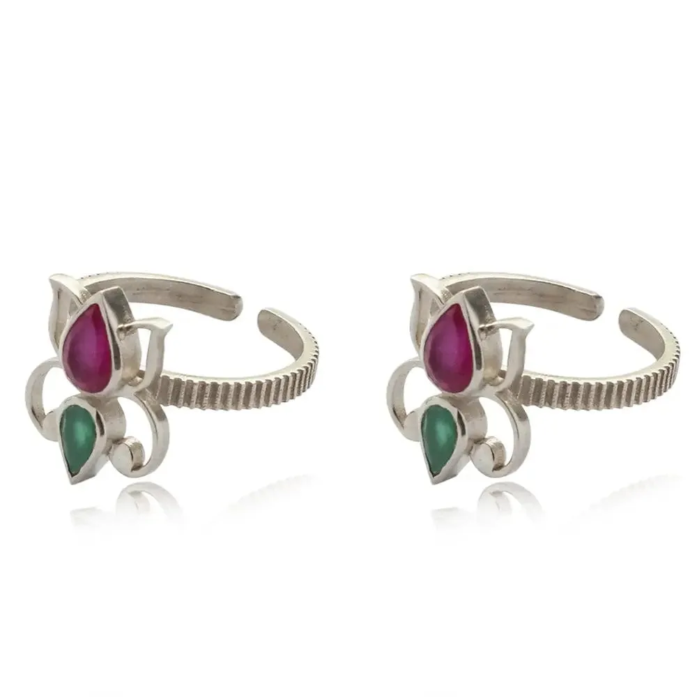 Silver 92.5 Lotus Red And Green Toe Ring
