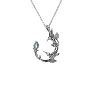 Silver Double Hummingbird Pendant-Blue Topaz/Rhodolite/White Topaz/Peridot