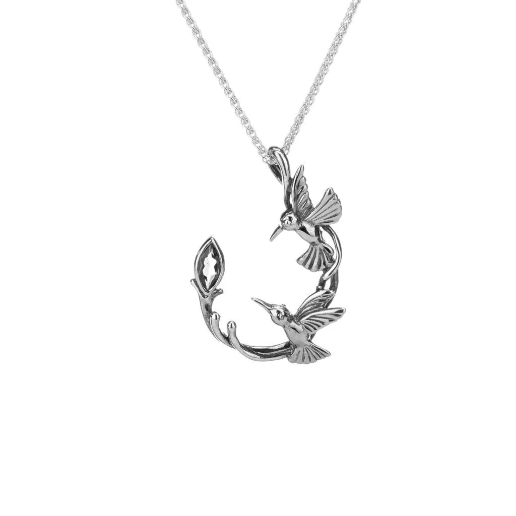 Silver Double Hummingbird Pendant-Blue Topaz/Rhodolite/White Topaz/Peridot
