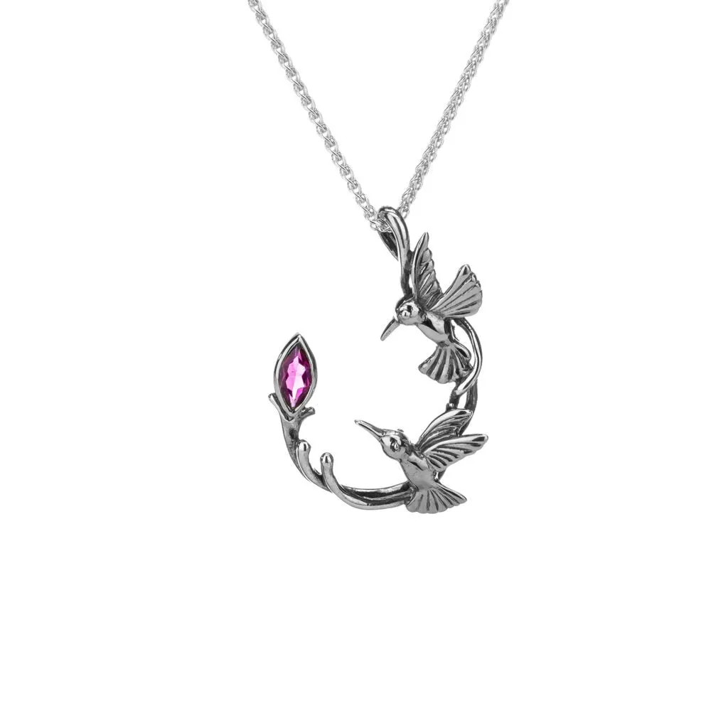 Silver Double Hummingbird Pendant-Blue Topaz/Rhodolite/White Topaz/Peridot