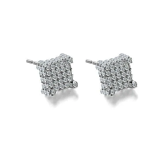 Silver Micro Pave Stud Earrings Clear Square 3D Sidestones