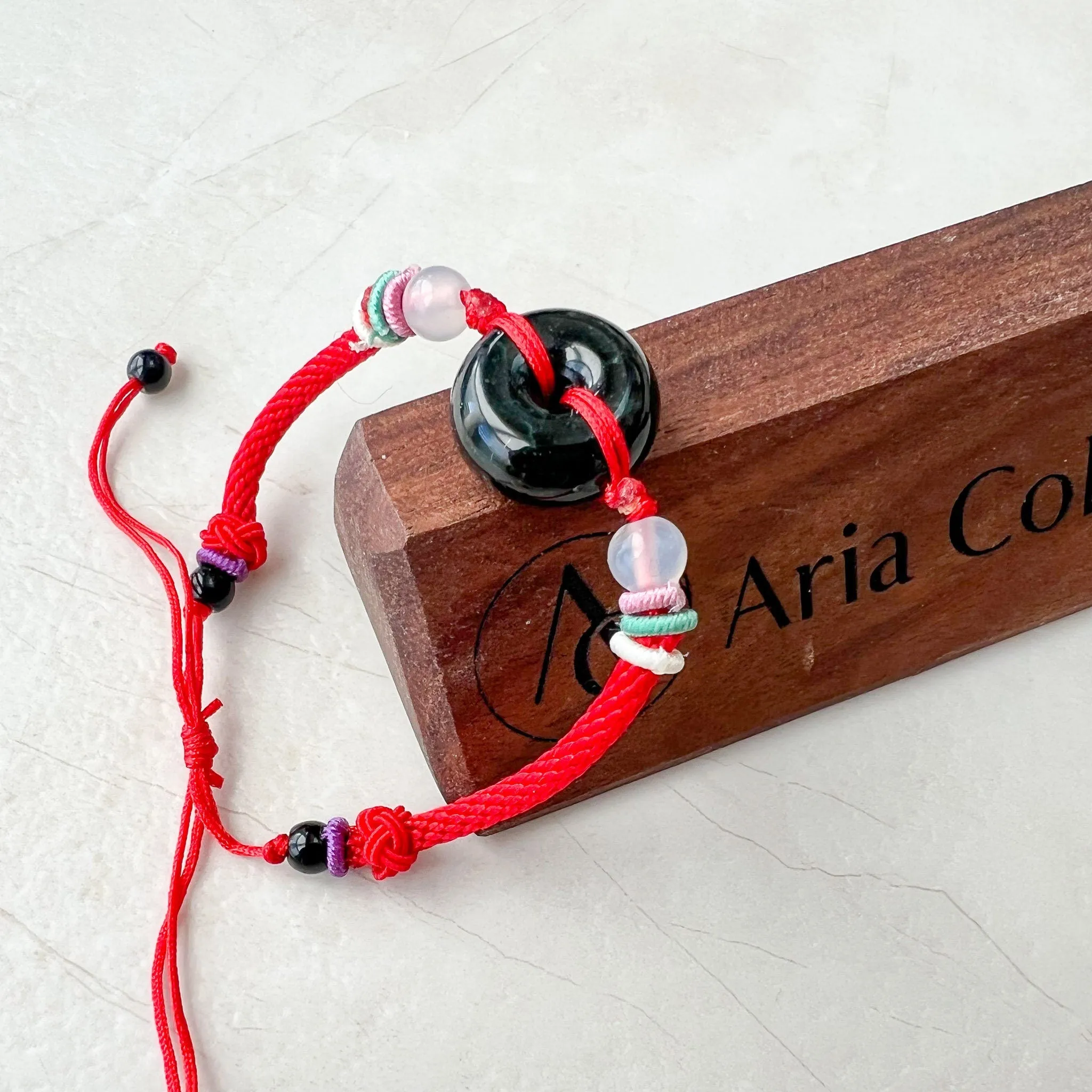 Small Black Red Jadeite Jade Circle Donut Ping An Peace Minimalist Bracelet, LGG-0422-1673245015