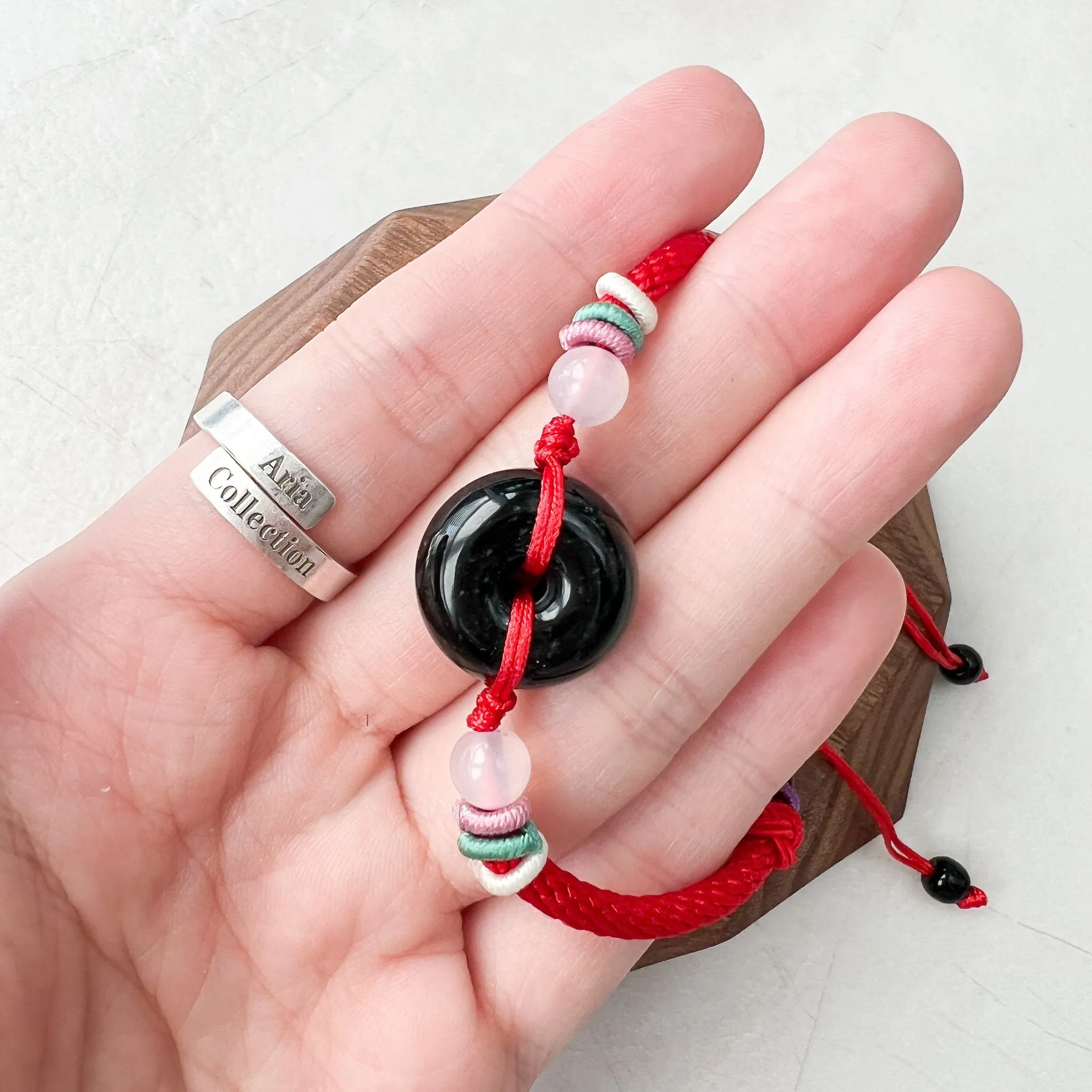 Small Black Red Jadeite Jade Circle Donut Ping An Peace Minimalist Bracelet, LGG-0422-1673245015