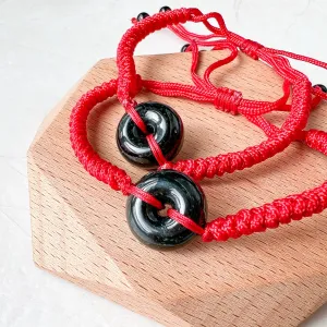 Small Black Red Jadeite Jade Circle Donut Ping An Peace Minimalist Bracelet, LGG-0422-1673245015