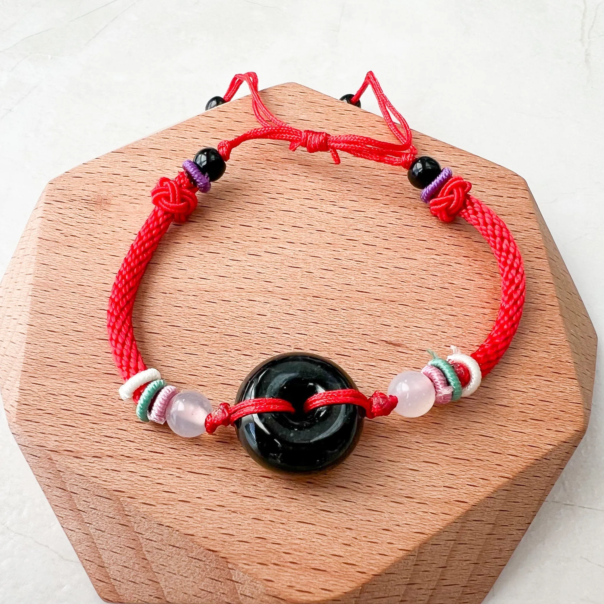 Small Black Red Jadeite Jade Circle Donut Ping An Peace Minimalist Bracelet, LGG-0422-1673245015