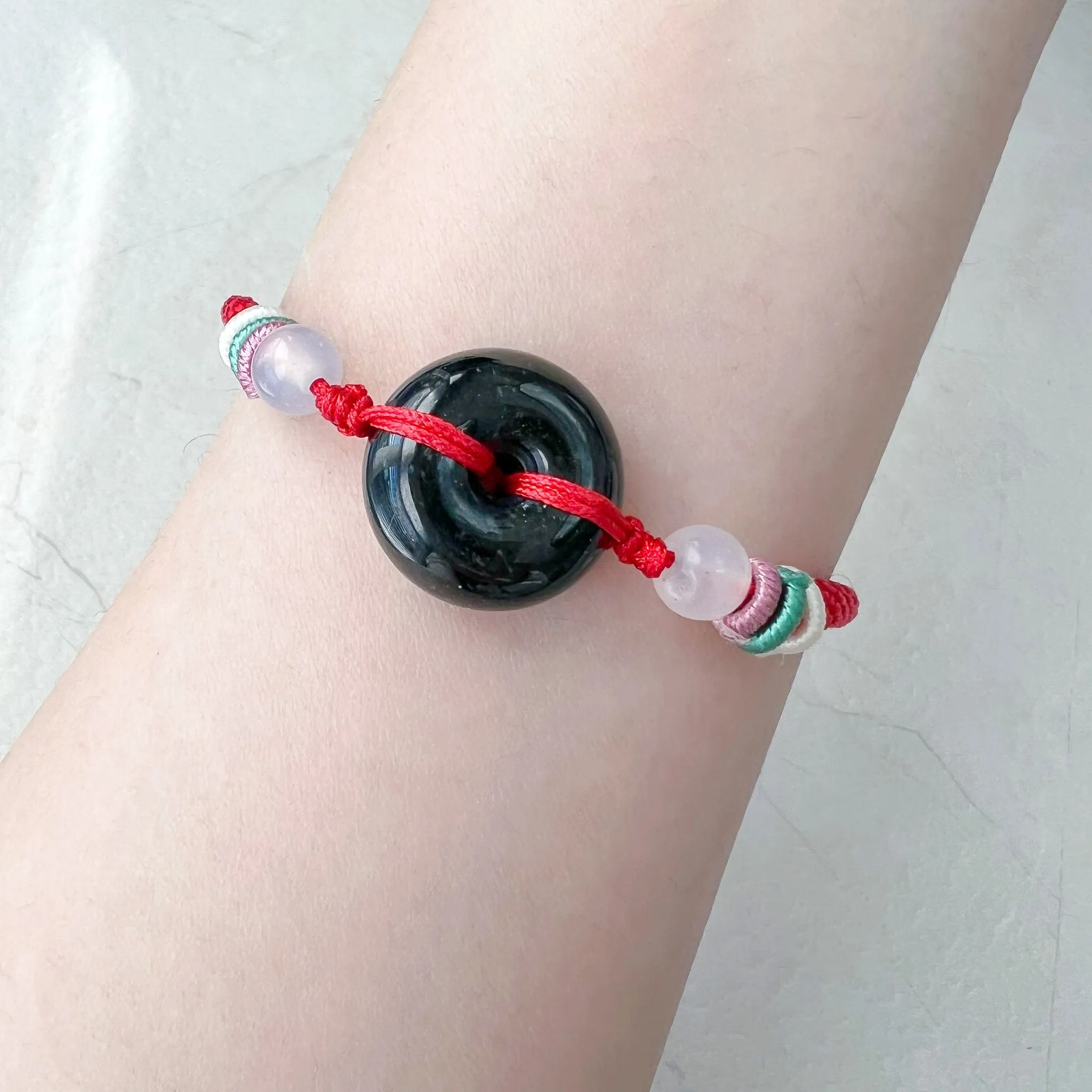 Small Black Red Jadeite Jade Circle Donut Ping An Peace Minimalist Bracelet, LGG-0422-1673245015