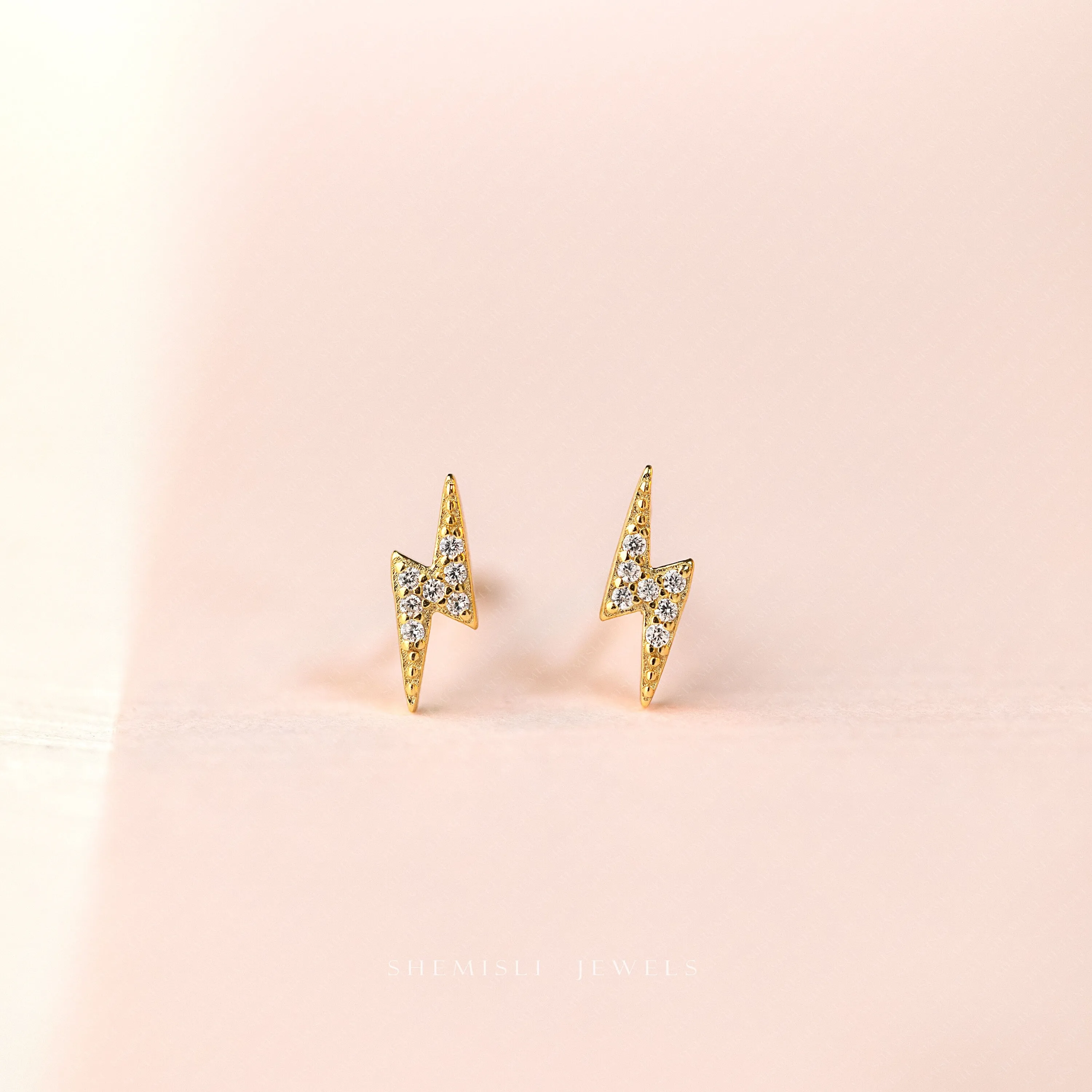 Small Lightning CZ Studs Earrings, Unisex, Gold, Silver SHEMISLI - SS115 Butterfly End, SS828 Screw Ball End (Type A)