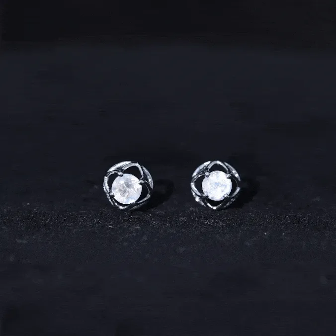 Solitaire Moonstone Flower Stud Earrings